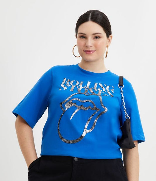 Camiseta de algodão azul com estampa dos Rolling Stones - Curve e Plus Size