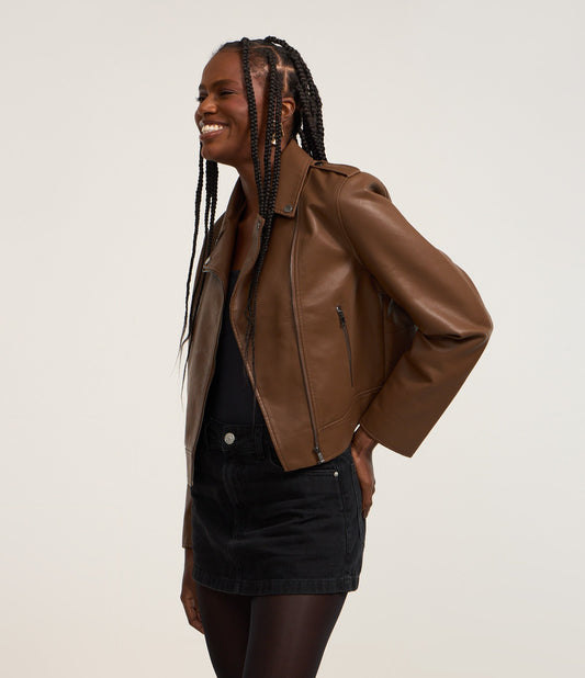 Jaqueta Biker Marrom Regular em PU com Zíper e Bolsos