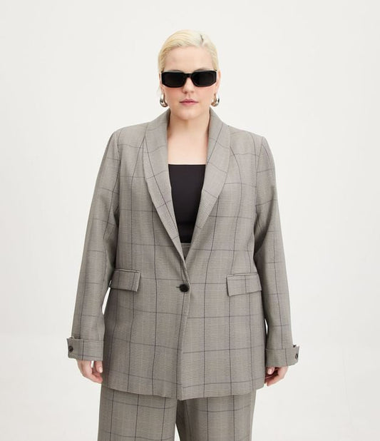 Blazer lungo sartoriale con stampa a quadri, Curve e taglie forti, grigio