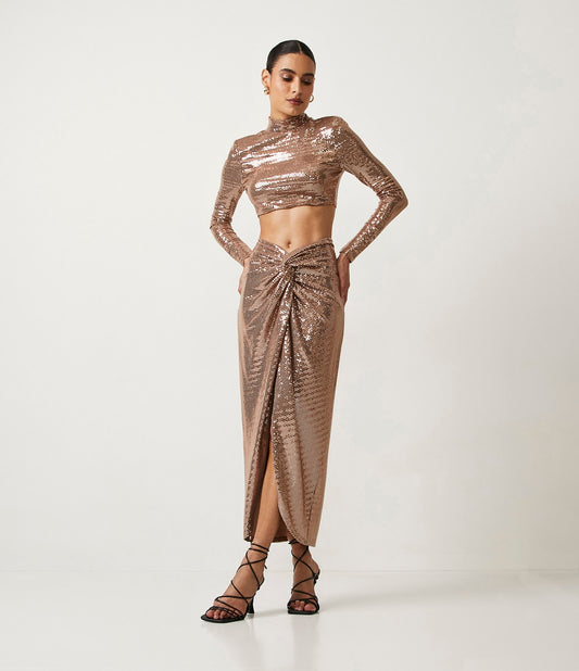 Falda Midi en Jersey con Cintura Torcida y Lentejuelas Doradas