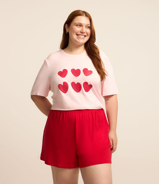 Pigiama corto in lycra di viscosa con stampa a cuore, taglie forti e taglie forti, rosa/rosso