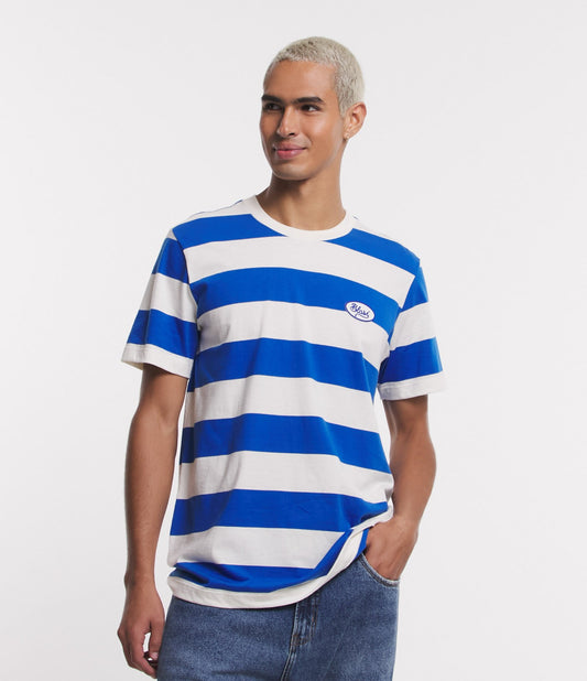Camiseta Comfort listrada em malha Yarn-Dyed com etiqueta branca/azul
