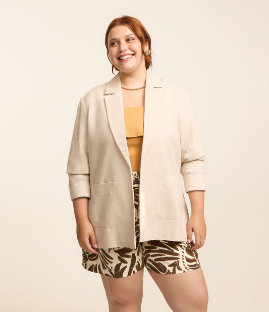 Blazer lungo con lino e tasche, taglie forti e taglie forti, beige