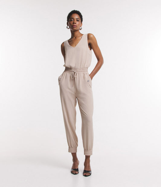 Nuevo Mono Midi con Cuello en V y Cintura Elástica en Blanco roto