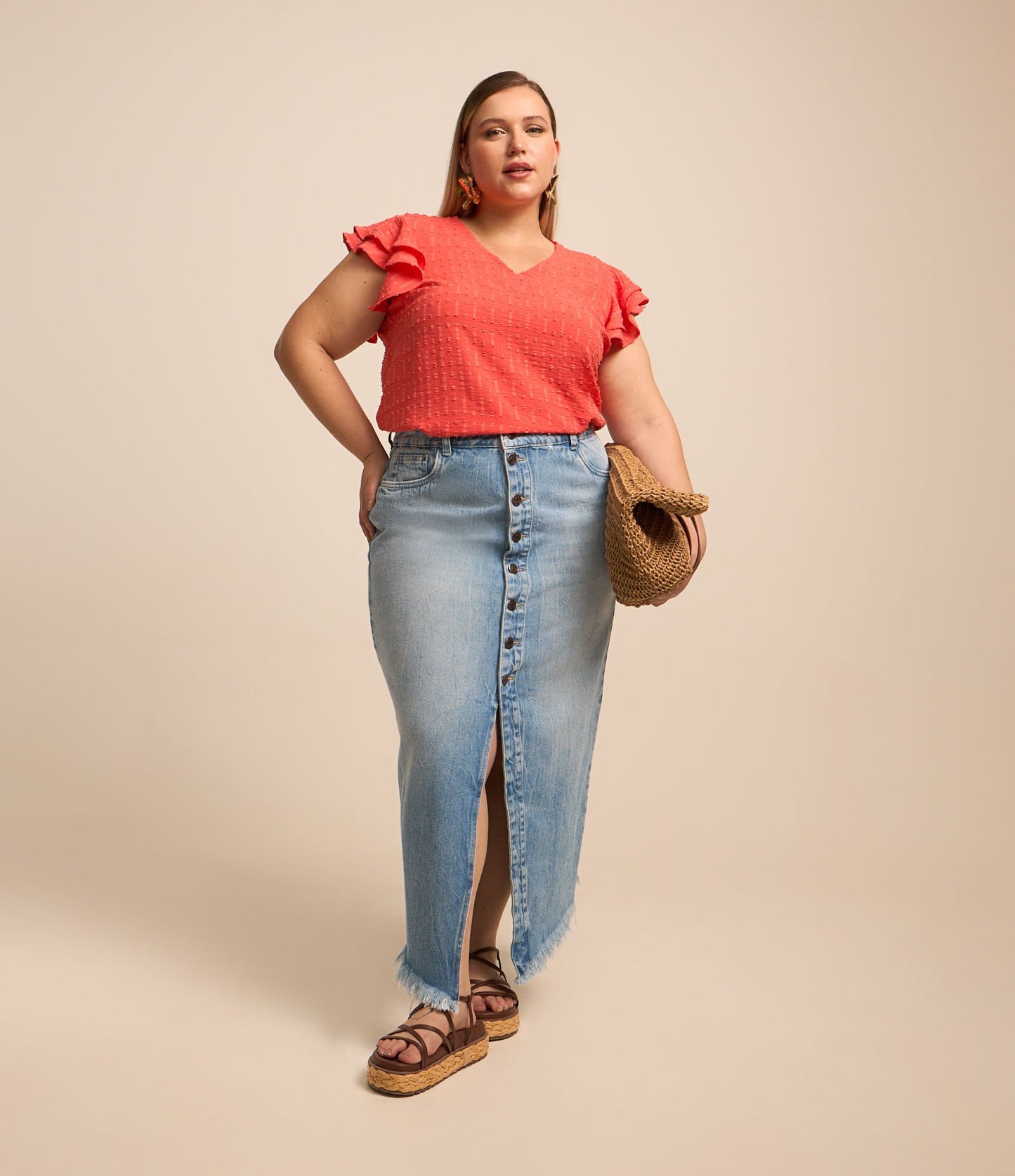 Gonna midi in denim con bottoni frontali, Curve e taglie forti, blu