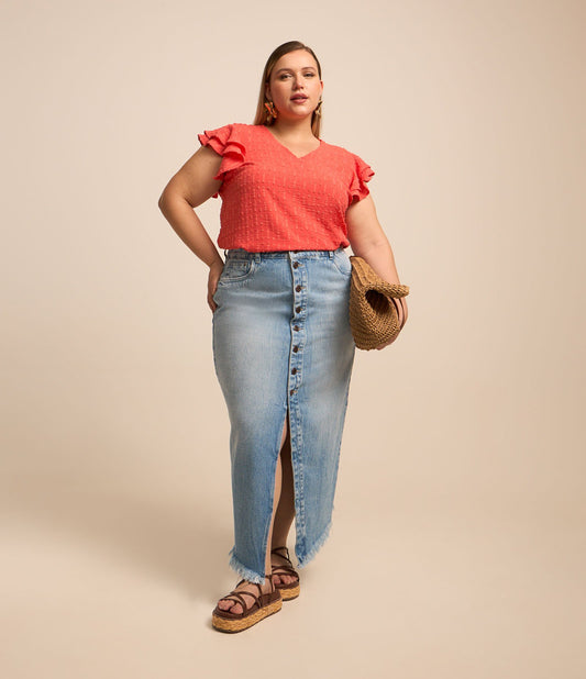 Gonna midi in denim con bottoni frontali, Curve e taglie forti, blu