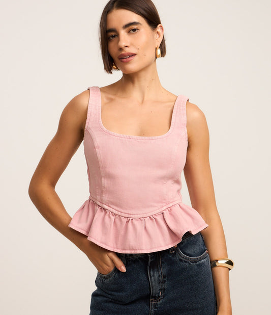 Blusa de Sarja Rosa Estilo Corpete com Barra Babada