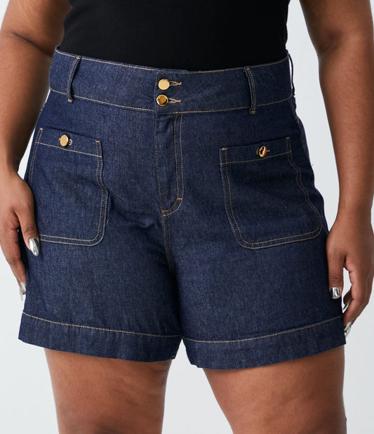 Pantaloncini di jeans con tasche quadrate e bottoni, Curve e taglie forti, blu
