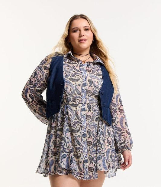 Vestito corto in chiffon con dettaglio cravatta, taglie forti e taglie forti, beige/blu