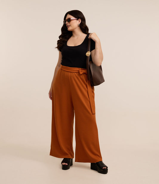 Pantaloni a gamba larga a coste con cravatta - Curve e taglie forti - Arancione