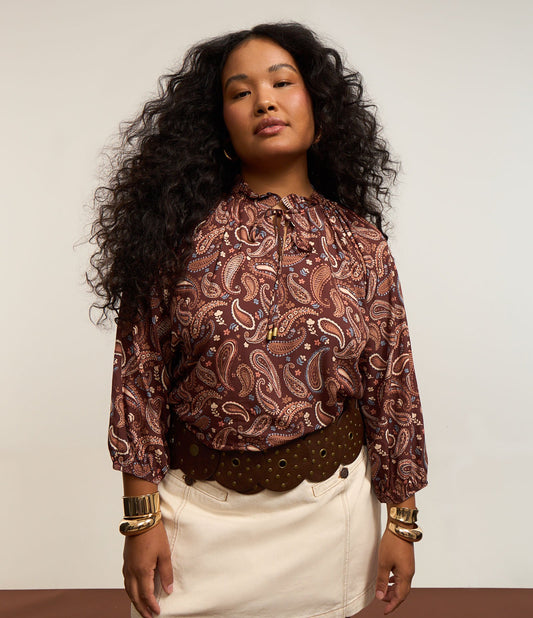 Camicetta Paisley Chalis con colletto con volant, Curve e taglie forti, marrone