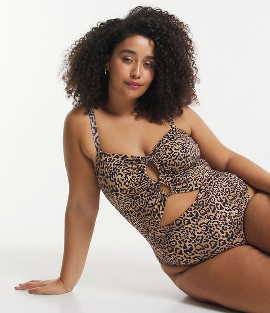 Costume da bagno in poliammide con dettagli sul seno e stampa animalier, taglie forti e taglie forti, marrone