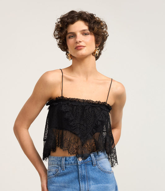 Blusa Cropped de Tule com Detalhe em Renda Preta