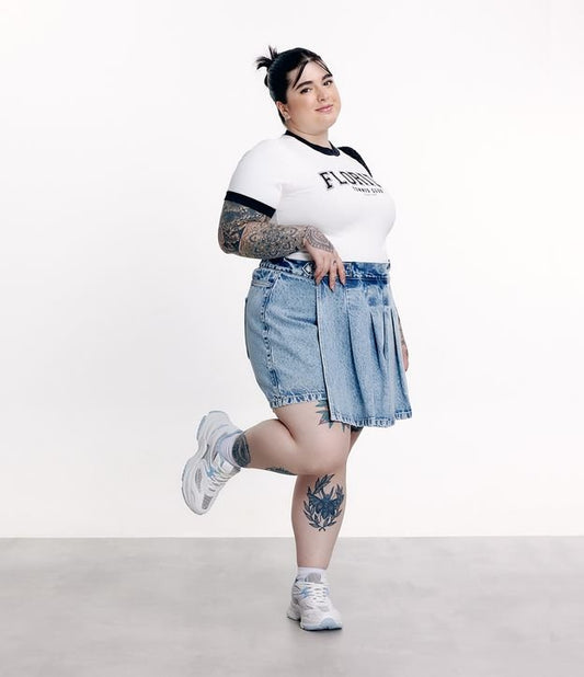 Falda Vaquera Corta con Pliegues Delanteros Curva y Tallas Grandes Azul