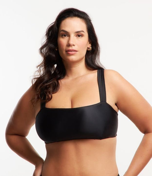 Top de bikini negro de corte recto de poliamida con costuras en contraste - Tallas grandes y curvas