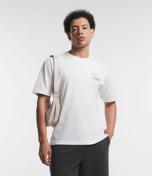 Camiseta Boxy em meia malha com estampa de cupido em off-white