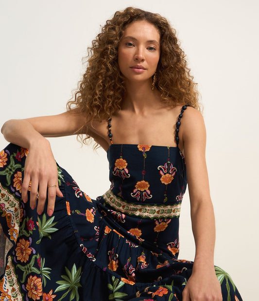 Nuovo abito midi con stampa floreale blu navy in tessuto Viscolinho