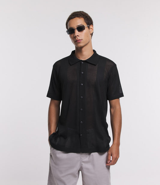 Camisa de malha Comfort com listras e textura aberta em preto