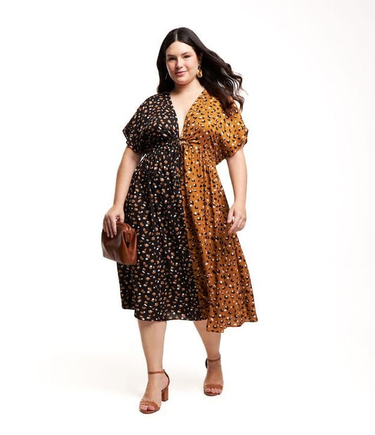 Vestido Midi con Bloques de Color y Estampado de Leopardo, Curvas y Tallas Grandes, Multicolor
