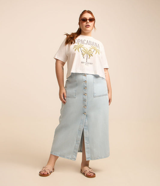 Gonna di jeans midi blu chiaro Curve & Plus Size con tasca da carpentiere e bottoni frontali