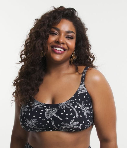 Top de bikini negro de corte recto de poliamida con relleno extraíble y estampado de palmeras - Curvas y tallas grandes