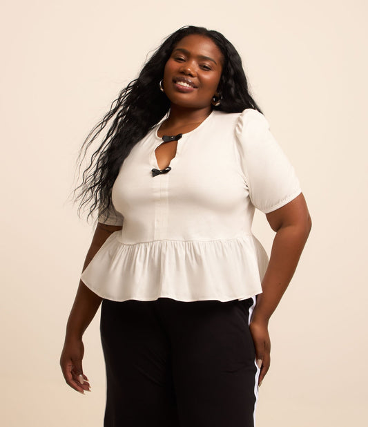 Blusa de algodão com laços e mangas bufantes, Curve e Plus Size, branca