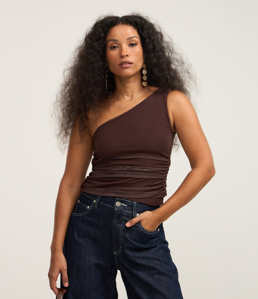 Blusa Marrom de Tule com Franzidos e Ombro Único
