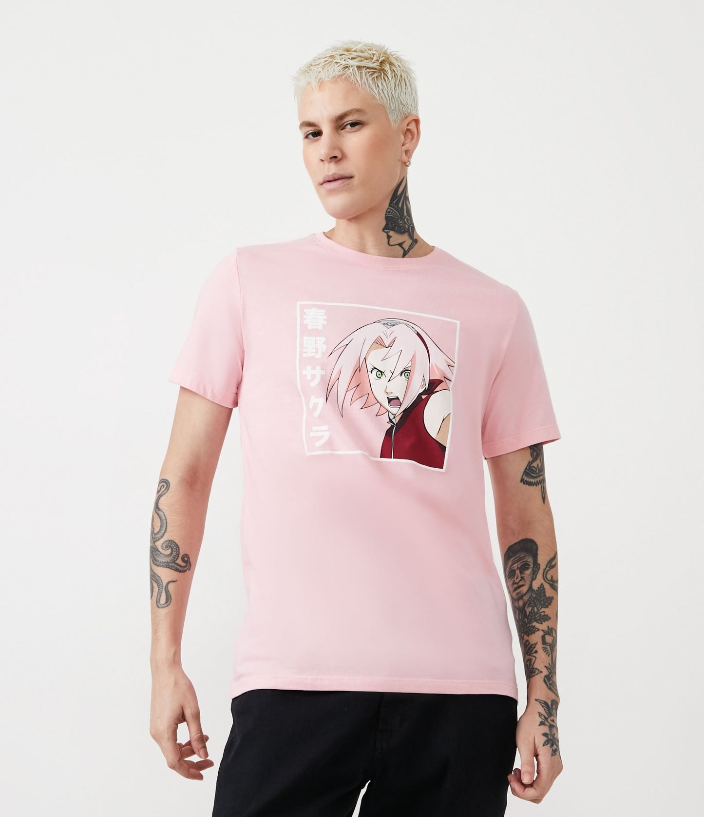 Maglietta regular fit in tessuto a maglia con stampa Sakura e ideogrammi rosa