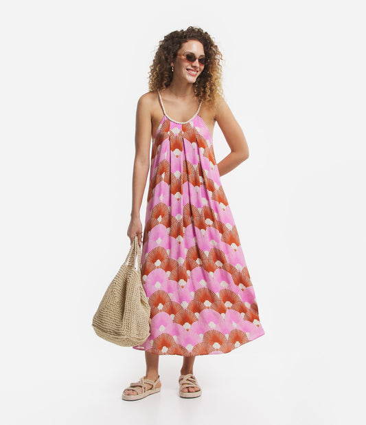 Novo vestido midi em viscose com alças de cordão e estampa abstrata rosa