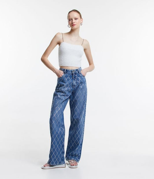 Jeans de perna larga com padrão de brilho xadrez azul