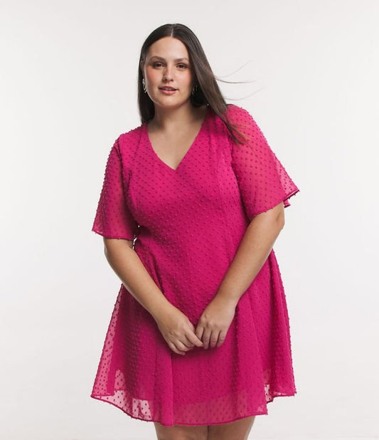 Vestido corto de gasa con mangas anchas y texturas, Curvas y tallas grandes, Rosa