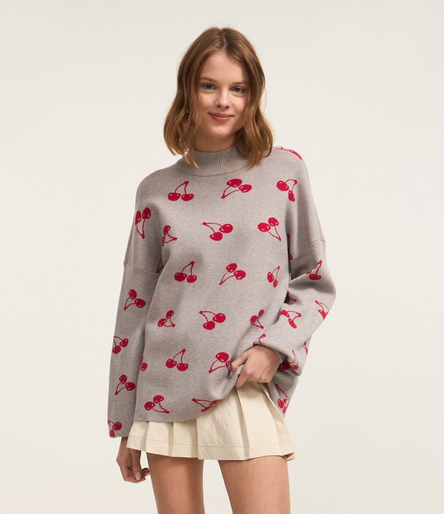 Gray Jacquard Sweater with Cherry Print