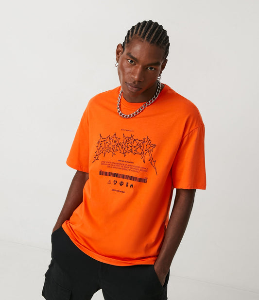 Orange "Danger" Print Half-Knit T-Shirt