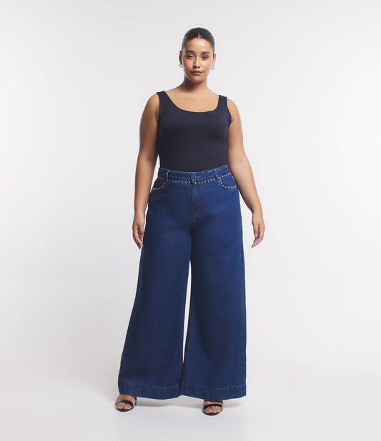 Vaqueros de pata ancha con tachuelas, Curvas y tallas grandes, Azul