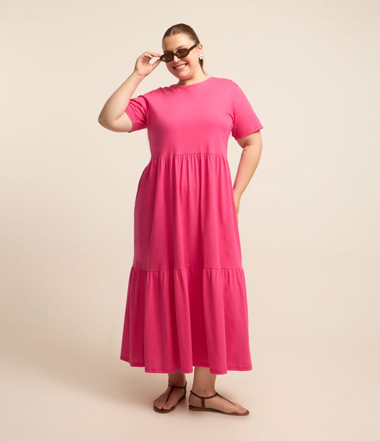 New Pink Midi Dress in Cotton with Ruffles - Curve & Plus Size