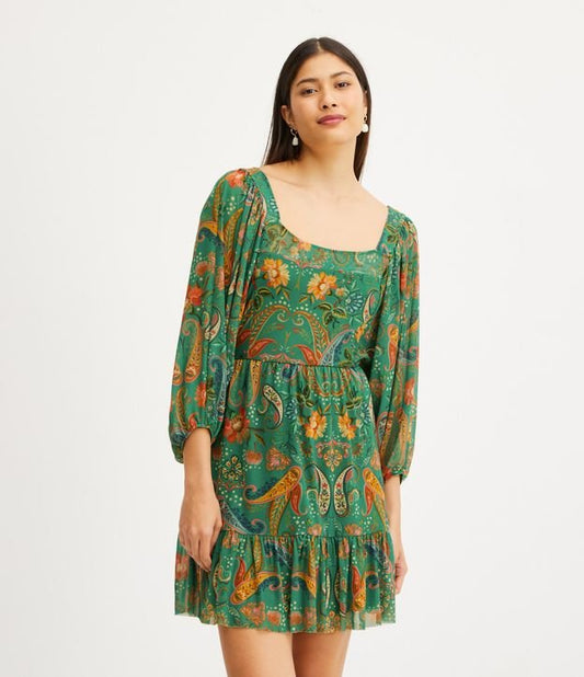 Vestido curto de tule com mangas 3/4 e estampa floral paisley verde