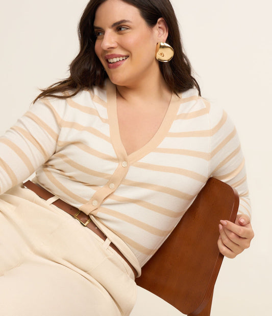 Cardigan a righe in maglia leggera, Curve e taglie forti, beige/bianco