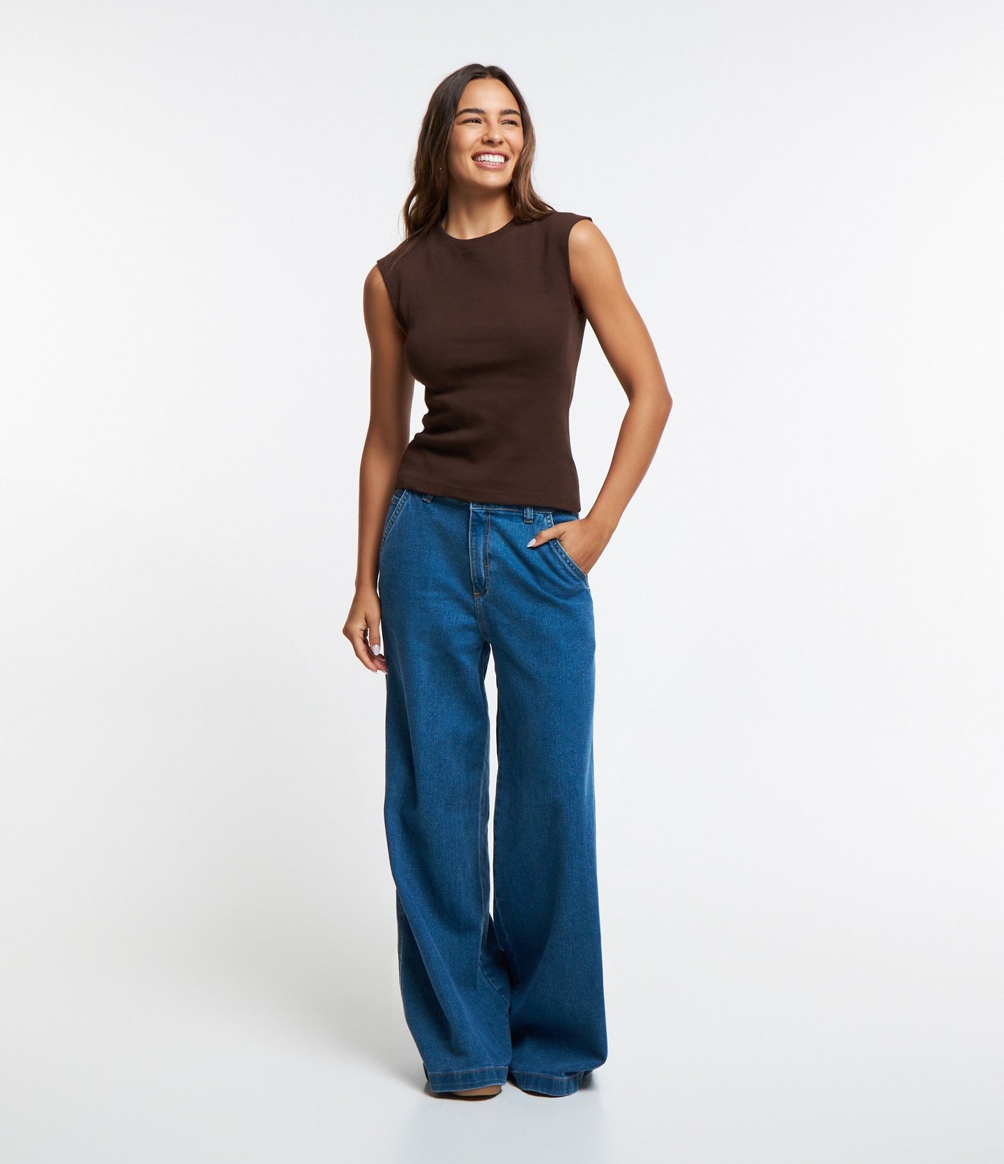 Calça jeans Palazzo azul com bolsos