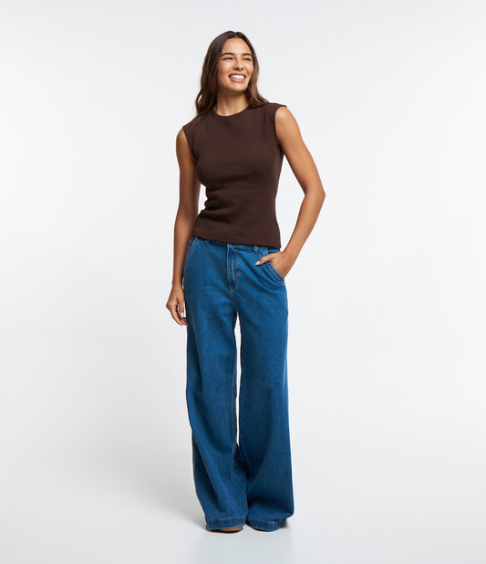 Calça jeans Palazzo azul com bolsos