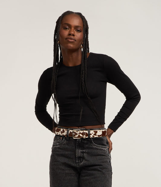 Textured Knit Blouse with Round Neck in Black