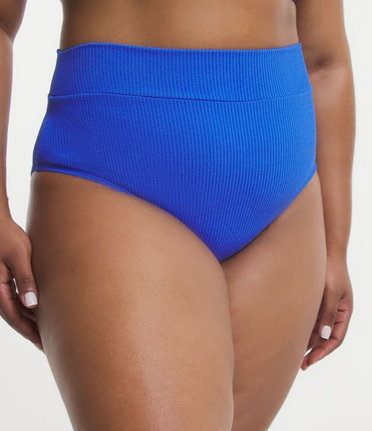 Braguita de bikini de talle alto de poliamida con laterales anchos y texturas, Curvas y tallas grandes, Azul