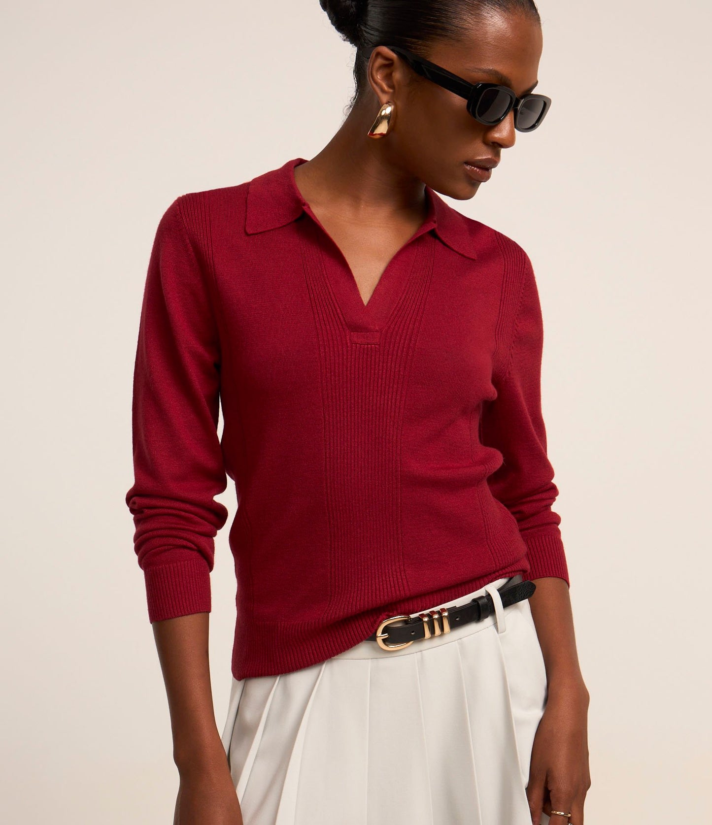 Suéter de Tricô Vermelho de Manga Longa com Gola Polo