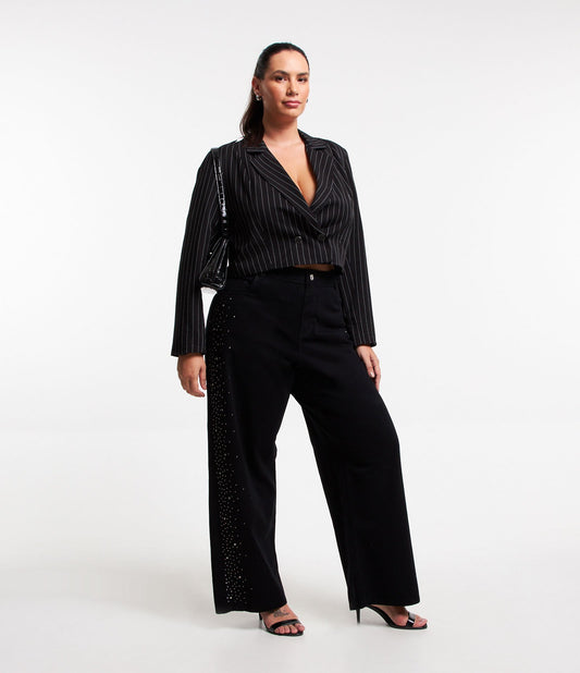 Calça de sarja de perna larga com tachas laterais, Curve e Plus Size, preta