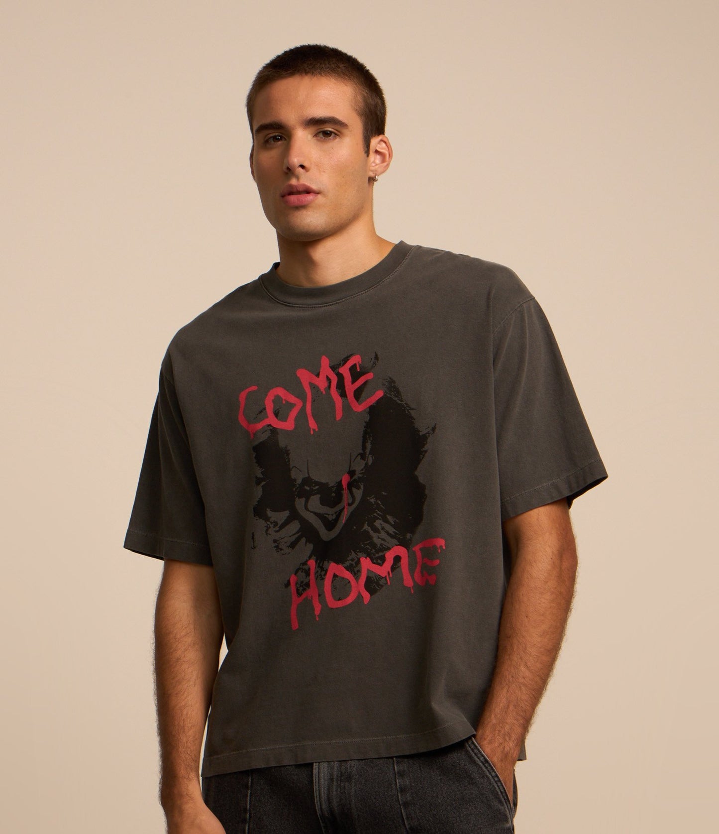 Boxy Cotton T-Shirt with "It Comes Home" Gray Print