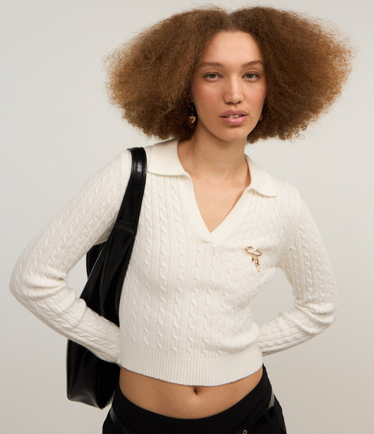 White Textured Cable Knit Sweater with Polo Collar