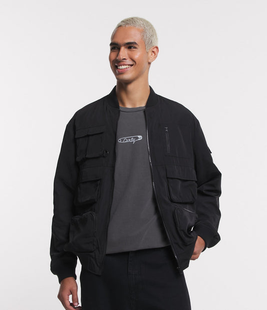 Jaqueta Bomber Tática Preta com Zíper Frontal