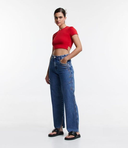 Jeans stile anni '90 con borchie e strass laterali in blu