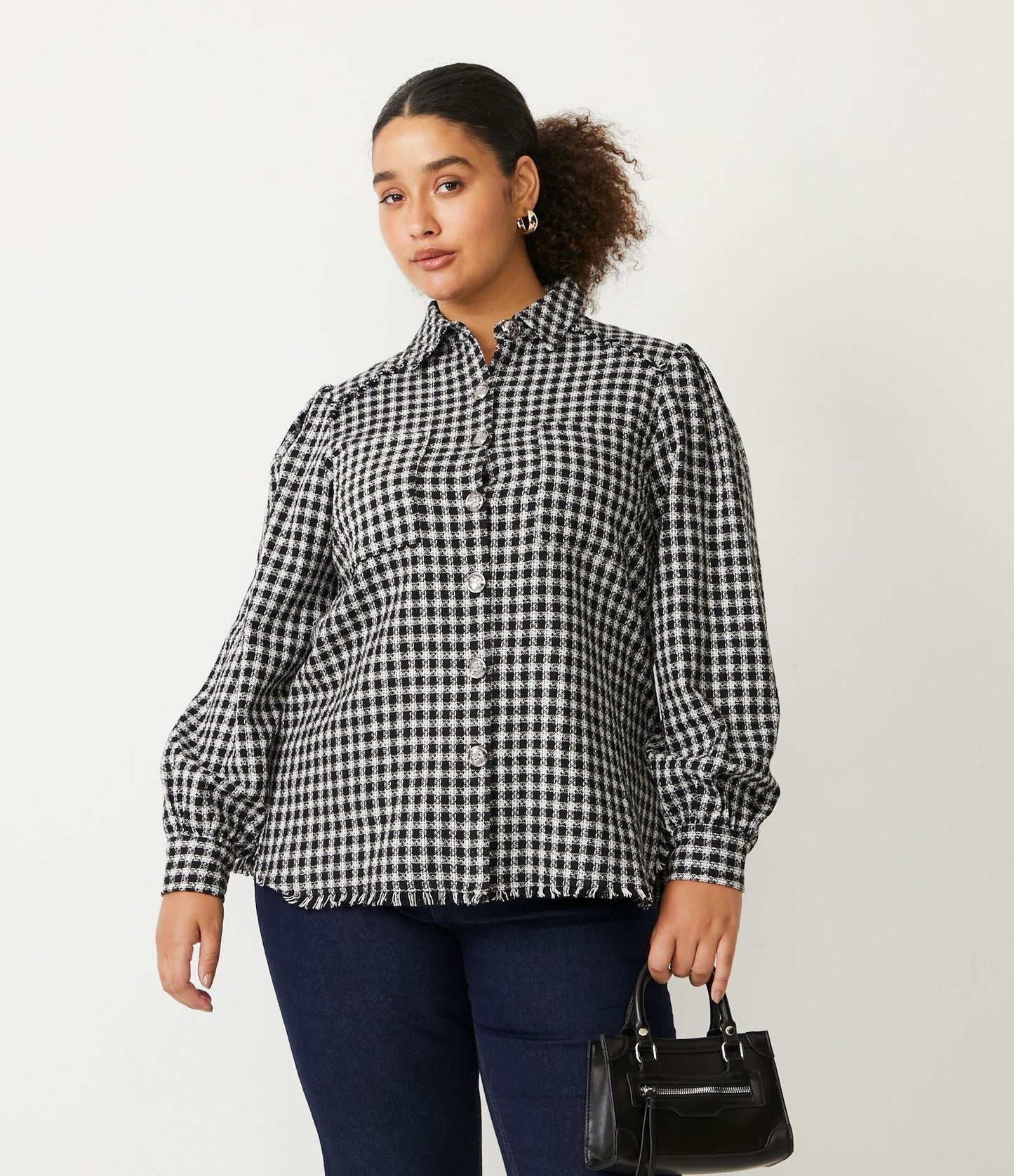 Camicia Longline in tweed nero con tasche frontali - Curve e taglie forti