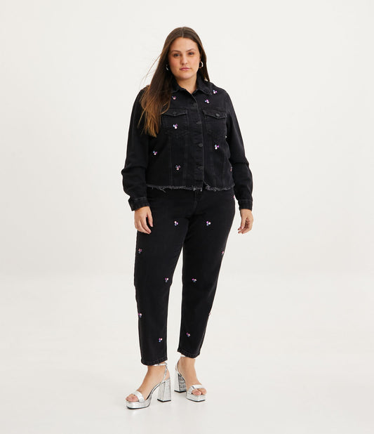 Jeans mamma con applicazioni a cuore, taglie forti e taglie forti, nero
