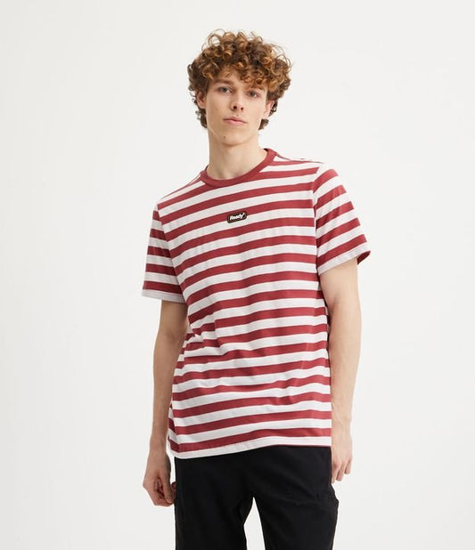Camiseta regular em malha Jersey com listras e etiqueta vermelha frontal